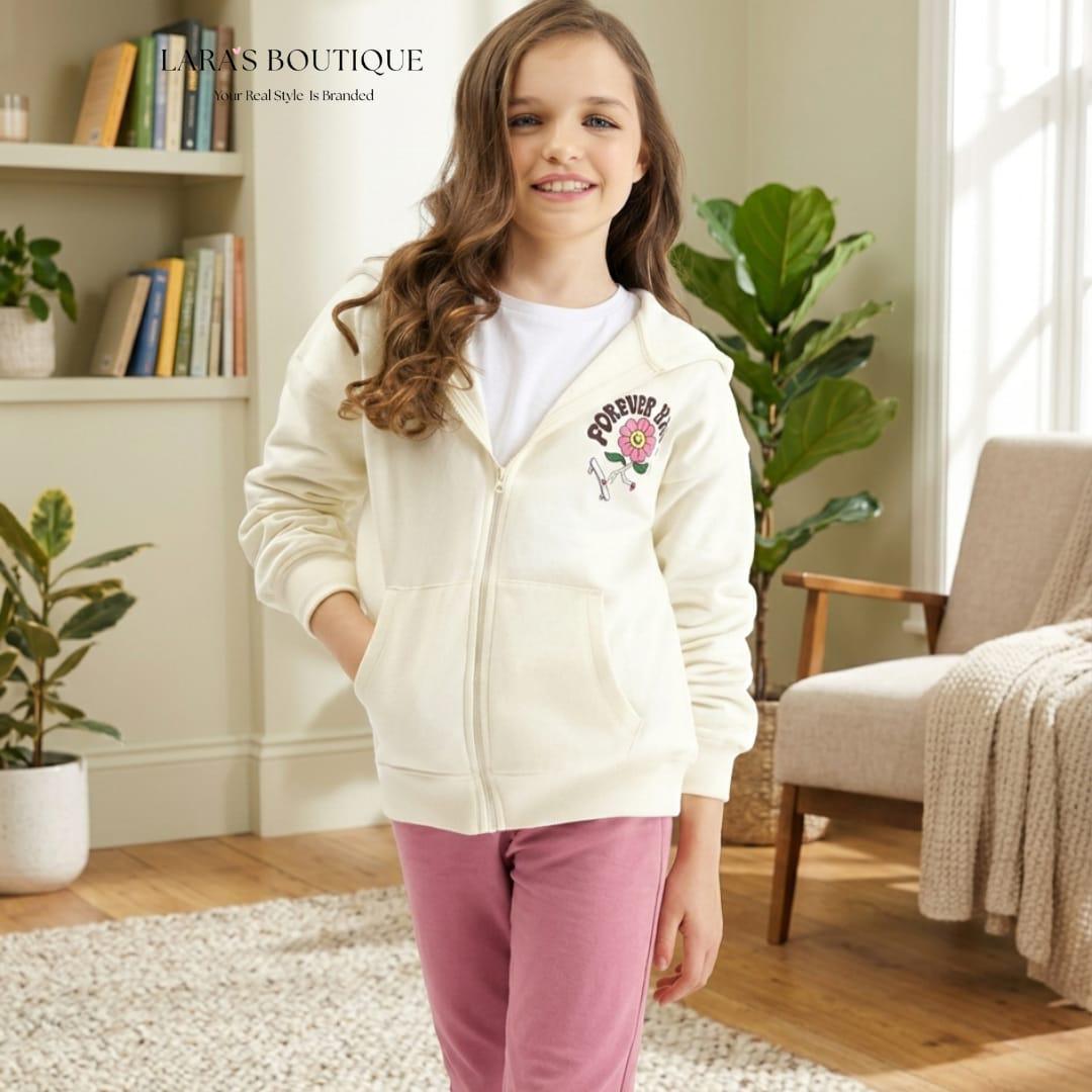 Cream White Design Girls’ Zip Hoodie