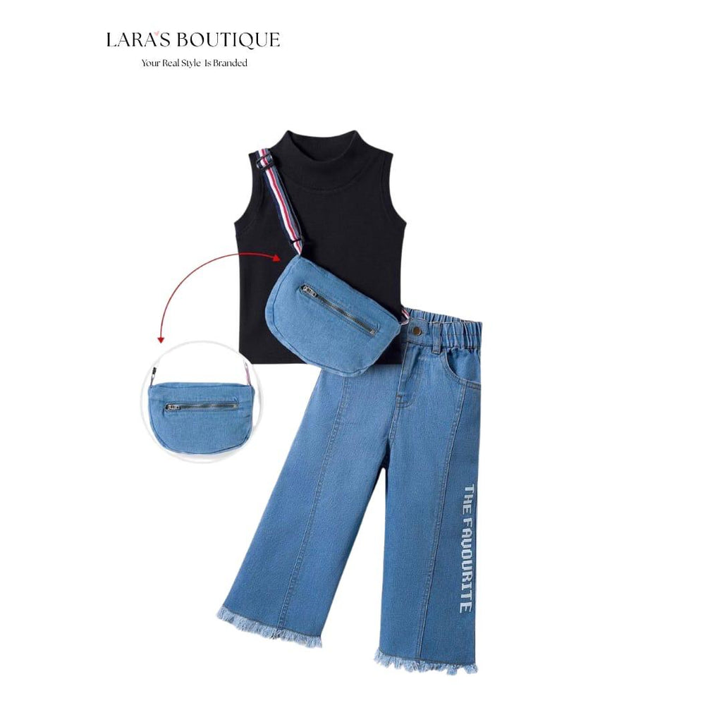 Girls' Denim Wide-Leg Set with Crossbody Bag