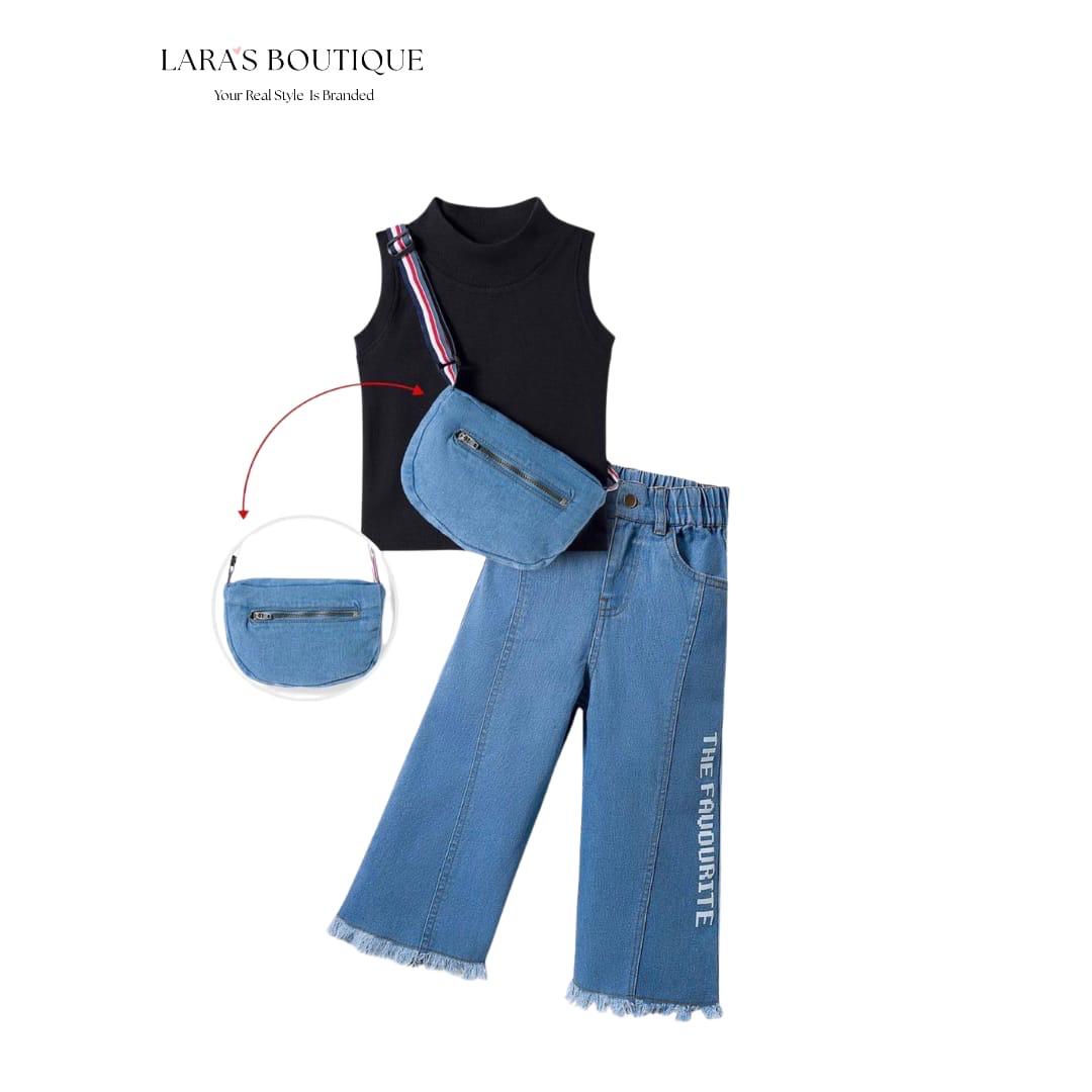 Girls' Denim Wide-Leg Set with Crossbody Bag