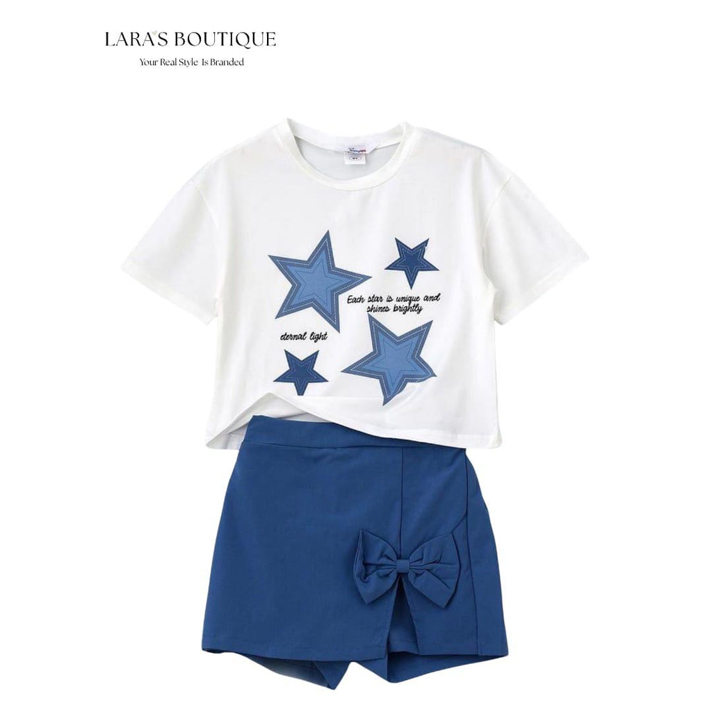 Girls Star Print Skort Set – White & Blue