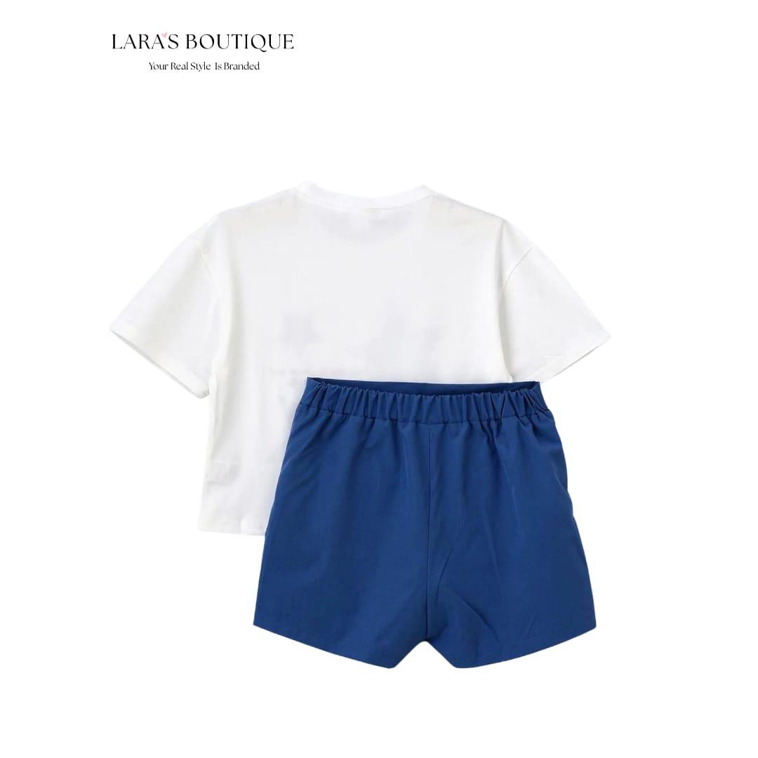 Girls Star Print Skort Set – White & Blue