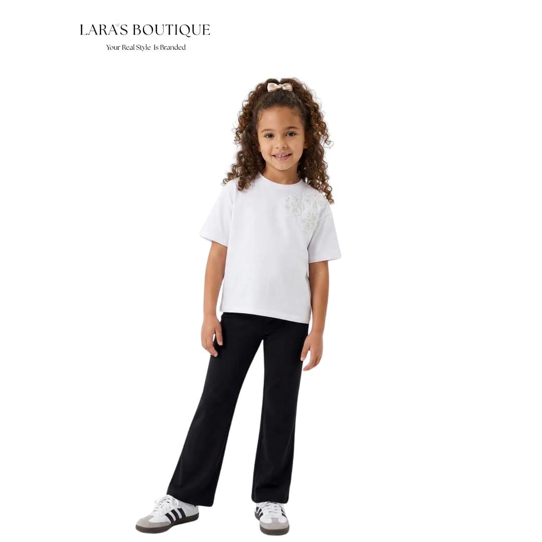 Girls Floral Appliqué Tee & Wide-Leg Pants Set