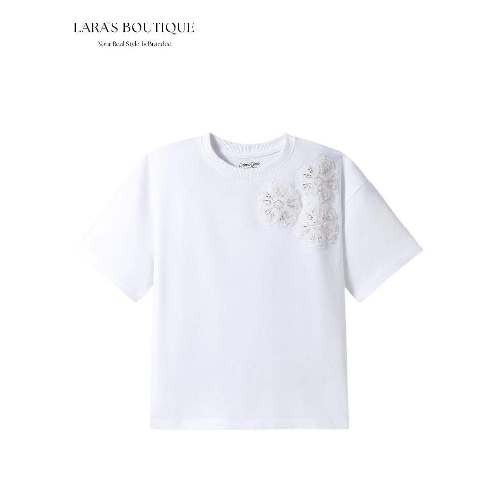 Girls Floral Appliqué Tee & Wide-Leg Pants Set
