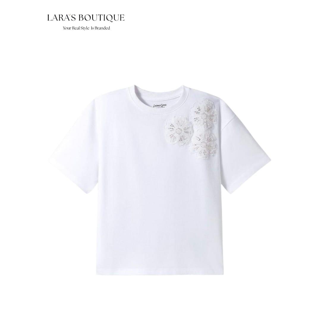 Girls Floral Appliqué Tee & Wide-Leg Pants Set