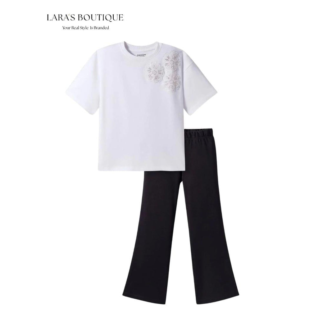 Girls Floral Appliqué Tee & Wide-Leg Pants Set